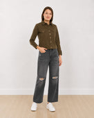 Gazillion Dani olive green cropped light trucker jacket for women, full-length front view