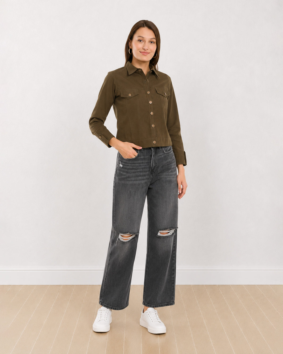 Gazillion Dani olive green cropped light trucker jacket for women, full-length front view
