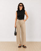 Gazillion Daniela black mini-stripes sleeveless formal shirt for women, full-length front view