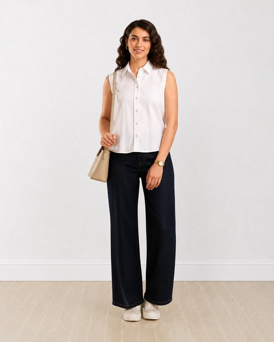 Gazillion Daniela white mini-stripes sleeveless formal shirt for women, full-length front view