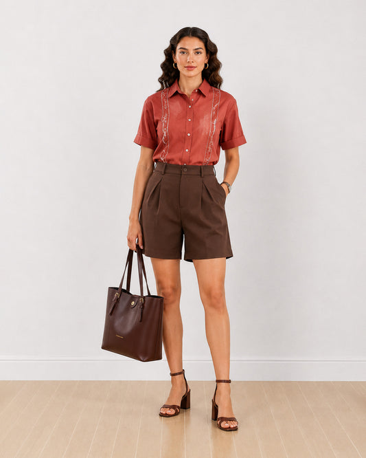 Gazillion Danika brown embroidered short sleeves cotton shirt for women, full-length front view