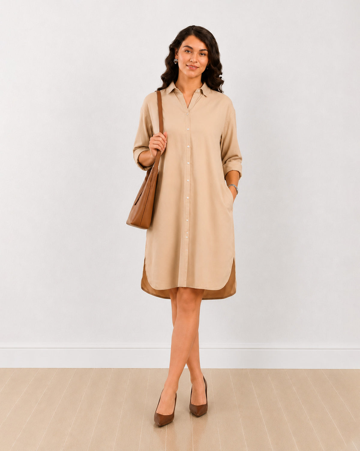 Dante beige knee length dress with a side pocket and a full-length button placket, front view