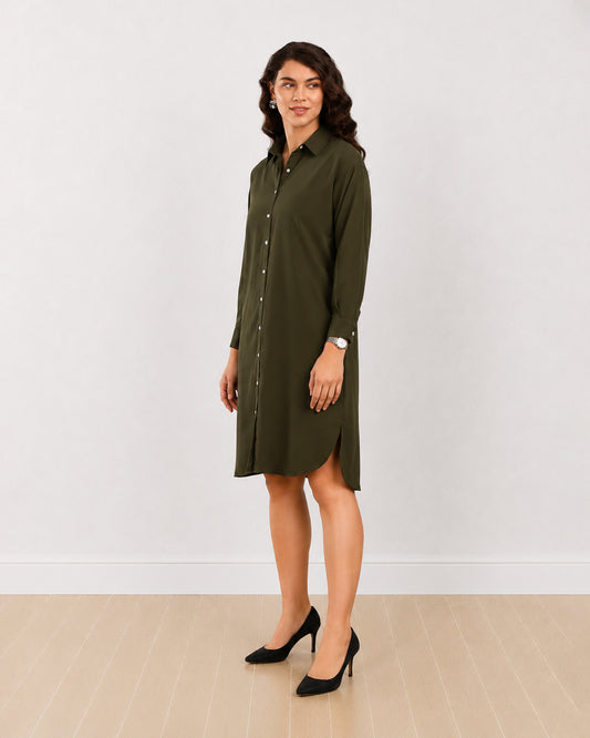 Gazillion Dante olive green office shirt dress for women, full-length front view