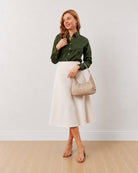 Darleen olive green formal shirt with full sleeves, angled front view