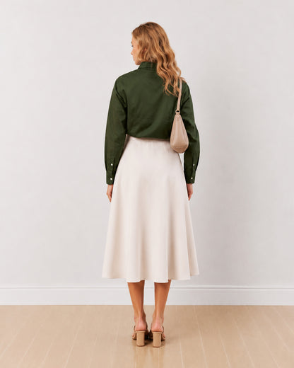 Darleen olive green formal shirt, back view showing the back waist darts and buttoned cuffs