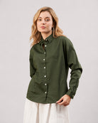 Darleen olive green self striped shirt showing the front placket with contrast dignity buttons