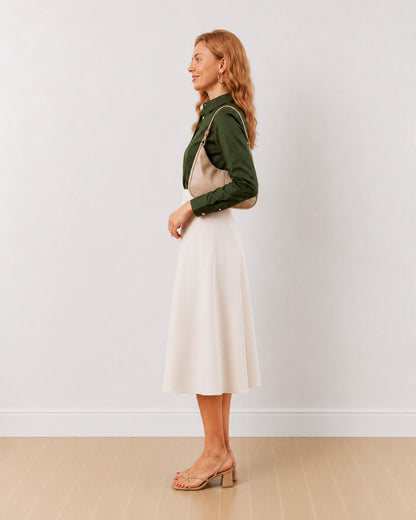 Darleen olive green tailored shirt with a fitted silhouette, side profile view