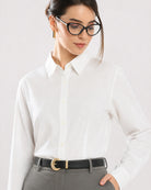 Darleen white self striped shirt with front waist darts and a horn button placket, front view
