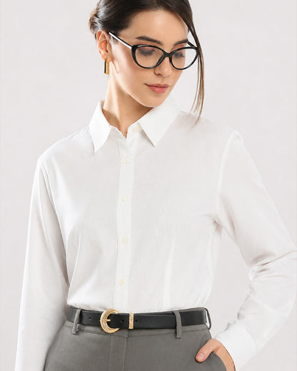 Darleen white self striped shirt with front waist darts and a horn button placket, front view