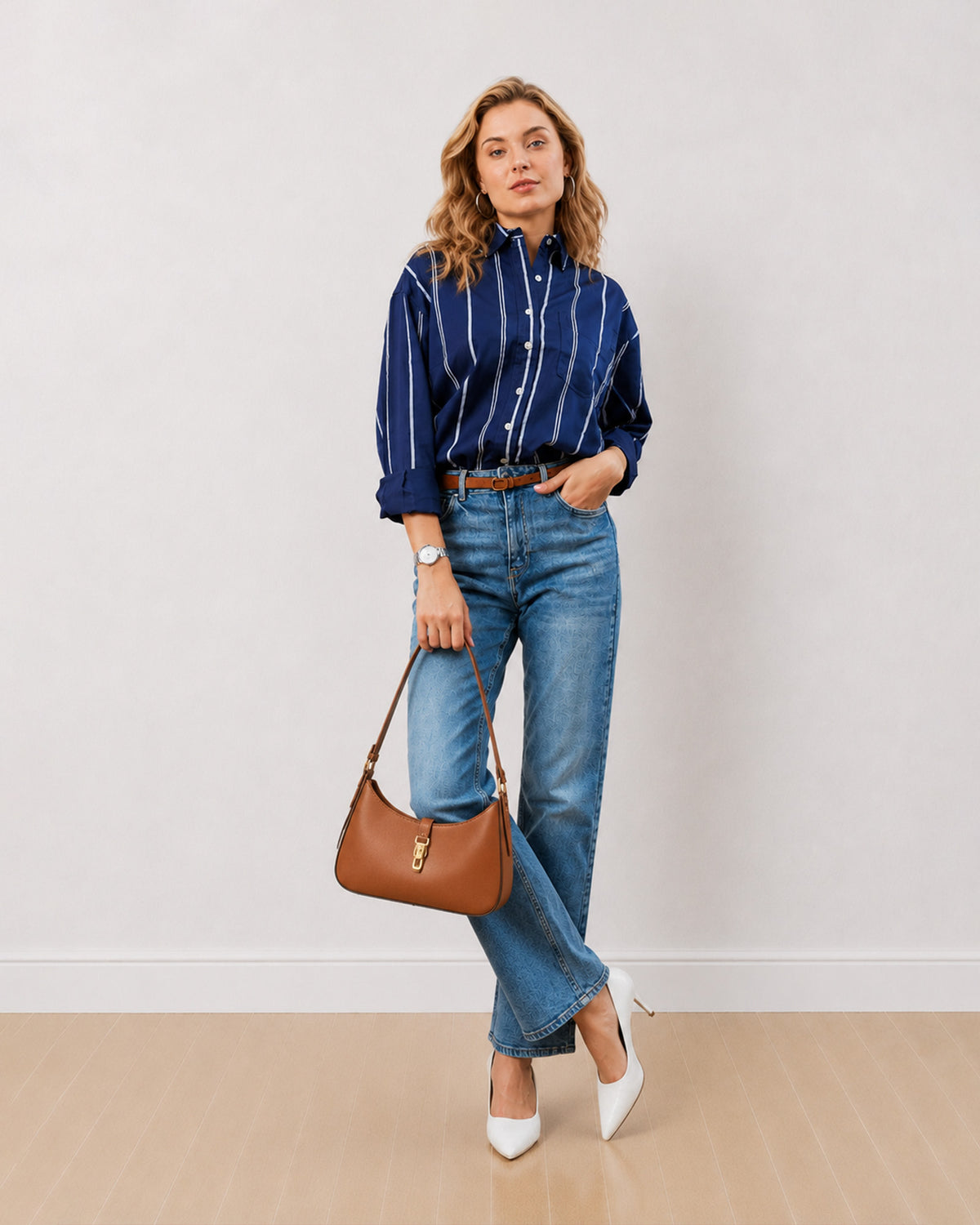 Darlina navy blue striped cotton oversized shirt with a relaxed fit, angled front view