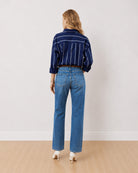 Darlina navy blue striped shirt, back view showing the shoulder yoke and striped back