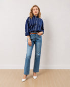 Gazillion Darlina navy blue striped cotton oversized shirt for women, full-length front view