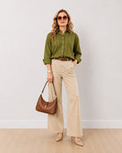 Gazillion Darlina olive green striped cotton oversized shirt for women, full-length front view