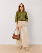 Gazillion Darlina olive green striped cotton oversized shirt for women, full-length front view