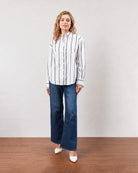 Gazillion Darlina white striped cotton oversized shirt for women, full-length front view
