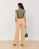Darren sage green cap sleeves cotton shirt, back view showing the back yoke and studded cap sleeves