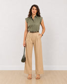 Gazillion Darren sage green cap sleeves cotton shirt for women, full-length front view