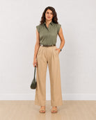 Gazillion Darren sage green cap sleeves cotton shirt for women, full-length front view