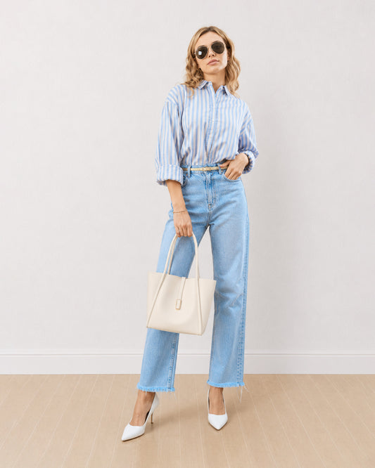Gazillion Darryl pink and blue striped casual shirt for women, full-length front view