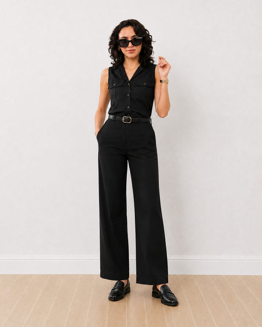 Gazillion Dawn black sleeveless utility shirt for women, full-length front view