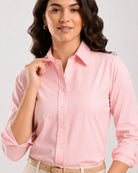 Close-up of Deborah baby pink shirt collar and placket with hidden dignity buttons