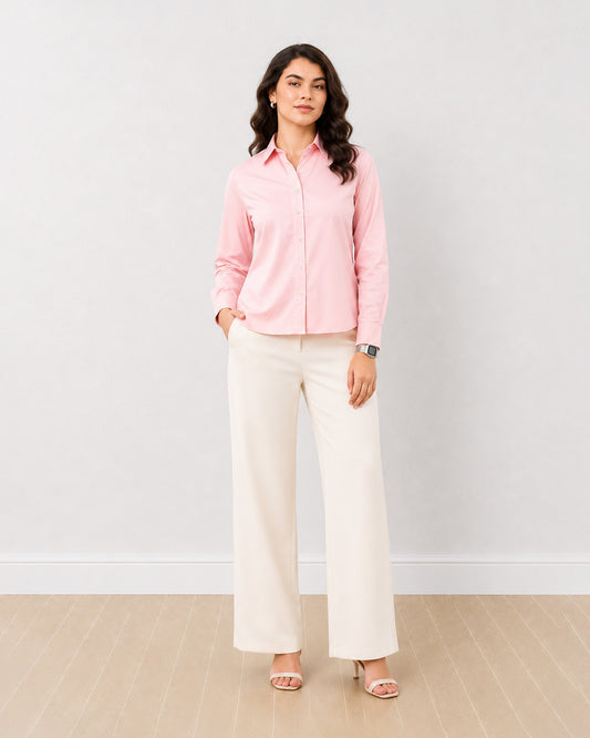 Gazillion Deborah baby pink cotton formal shirt for women, full-length front view