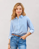 Dede blue and white striped shirt with rolled sleeves and a relaxed fit, front view