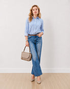 Gazillion Dede blue and white striped formal shirt for women, full-length front view