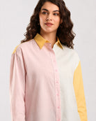 Deera pastel colour blocked shirt with a pink button placket and ivory panel, front view