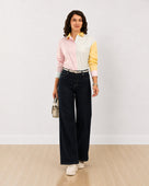 Gazillion Deera pastel colour blocked cotton oversized shirt for women, full-length front view
