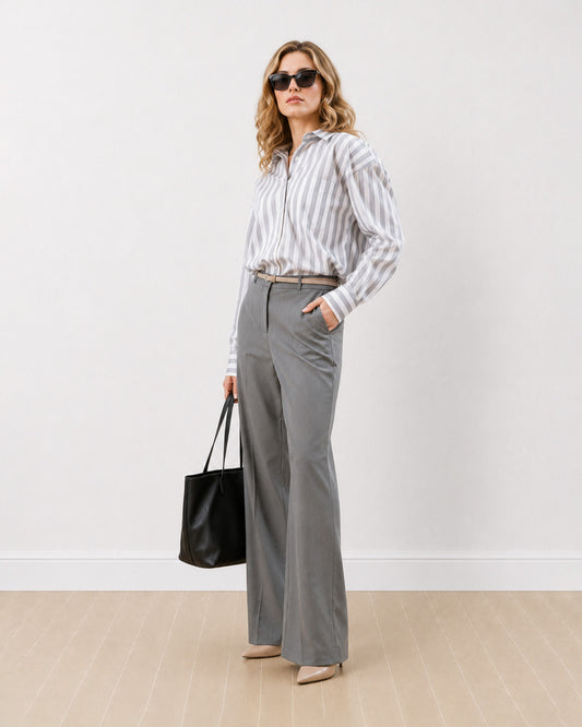 Gazillion Delilah grey striped cotton oversized shirt for women, full-length front view