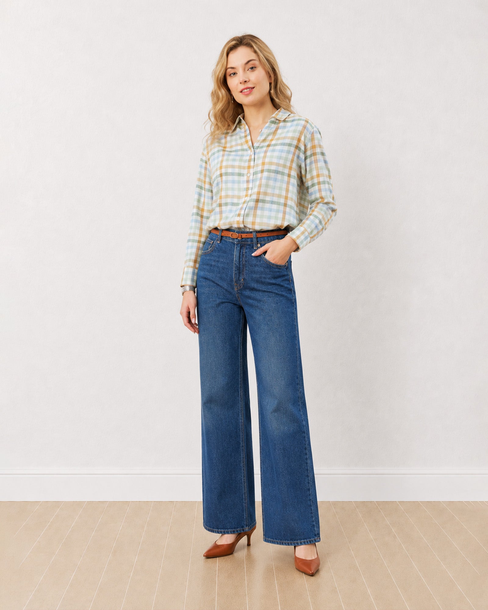 Gazillion Delnaz multi-colour checked 100% viscose shirt for women, full length front view worn tucked in