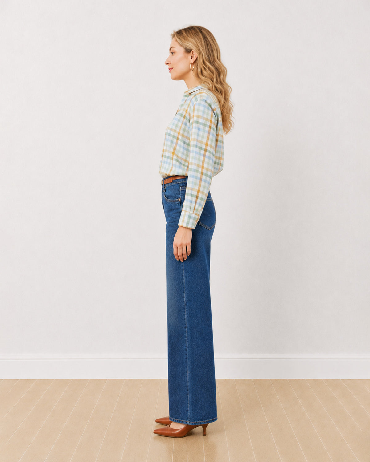 Delnaz multi-colour checked 100% viscose shirt, side profile view of the straight fit