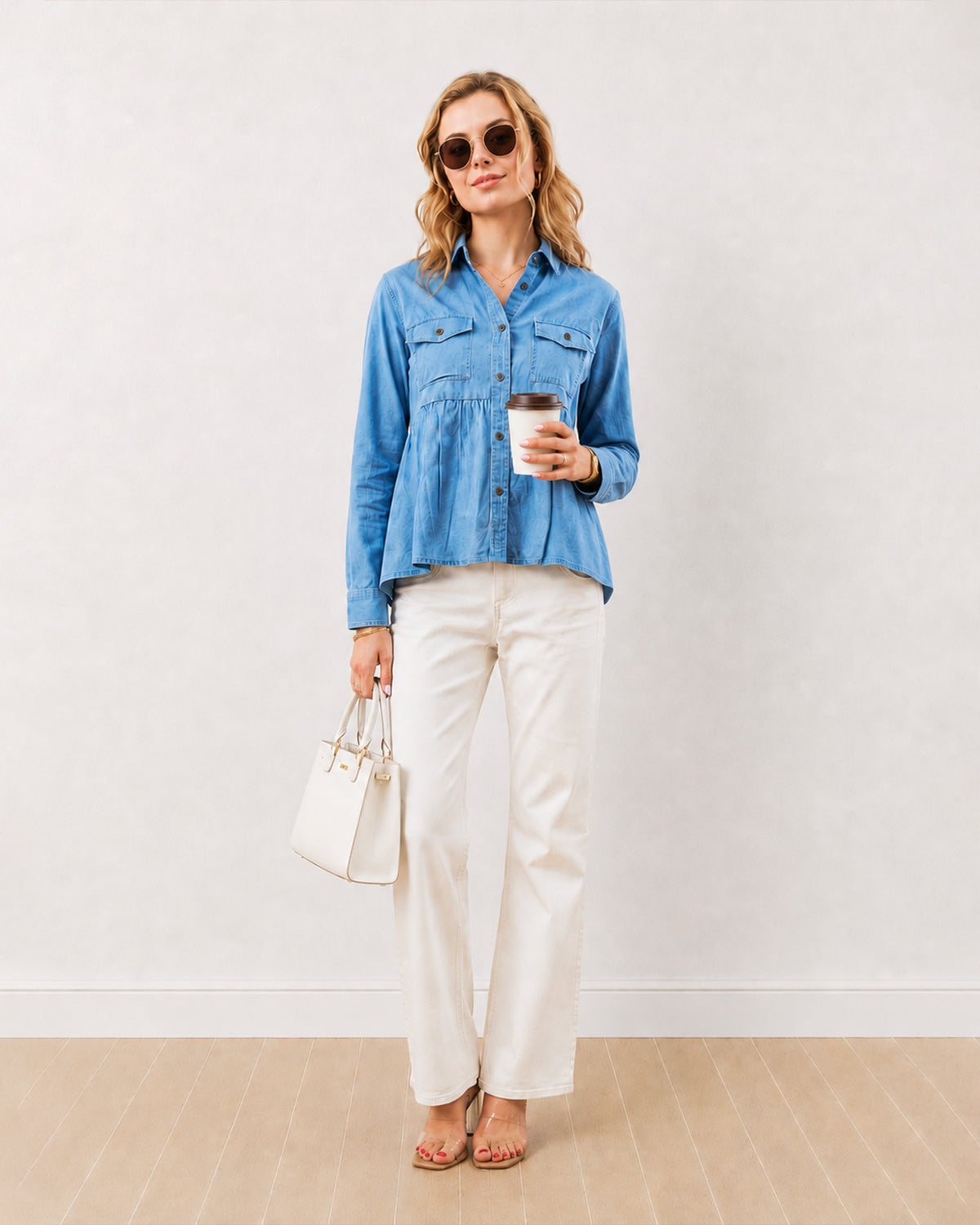 Delta light blue denim peplum shirt, full length walking front view with full sleeves