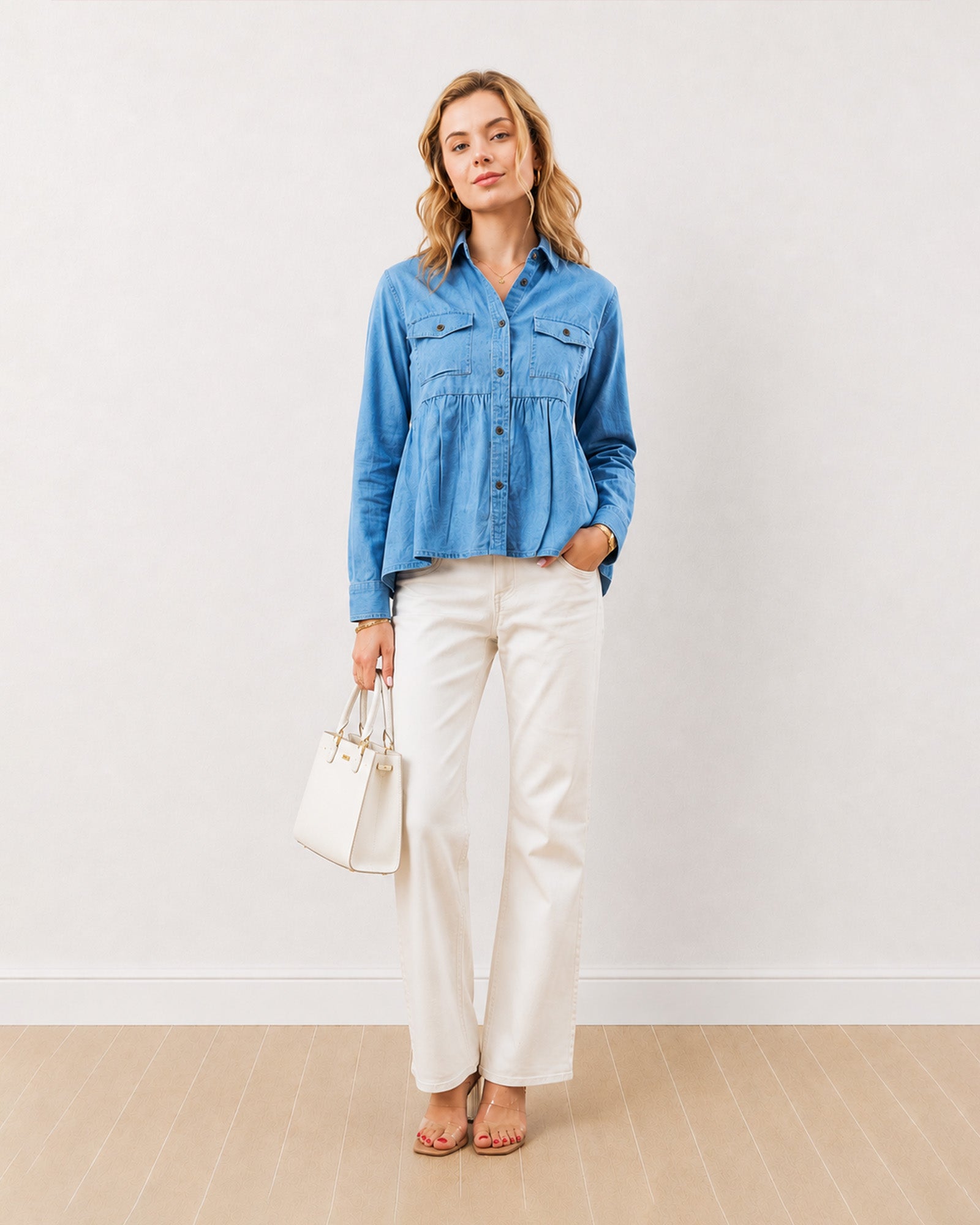 Gazillion Delta light wash indigo blue 100% cotton denim peplum shirt for women, full length front view