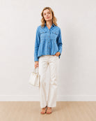 Gazillion Delta light wash indigo blue 100% cotton denim peplum shirt for women, full length front view