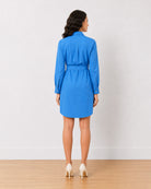 Demi bright blue cotton shirt dress, back view of the knee length