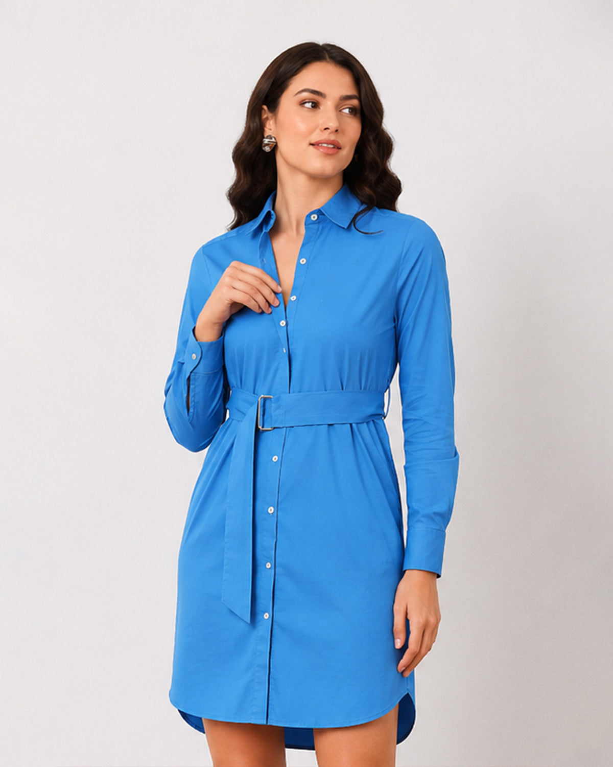 Demi bright blue shirt dress, waist up front view with buttoned placket and collar