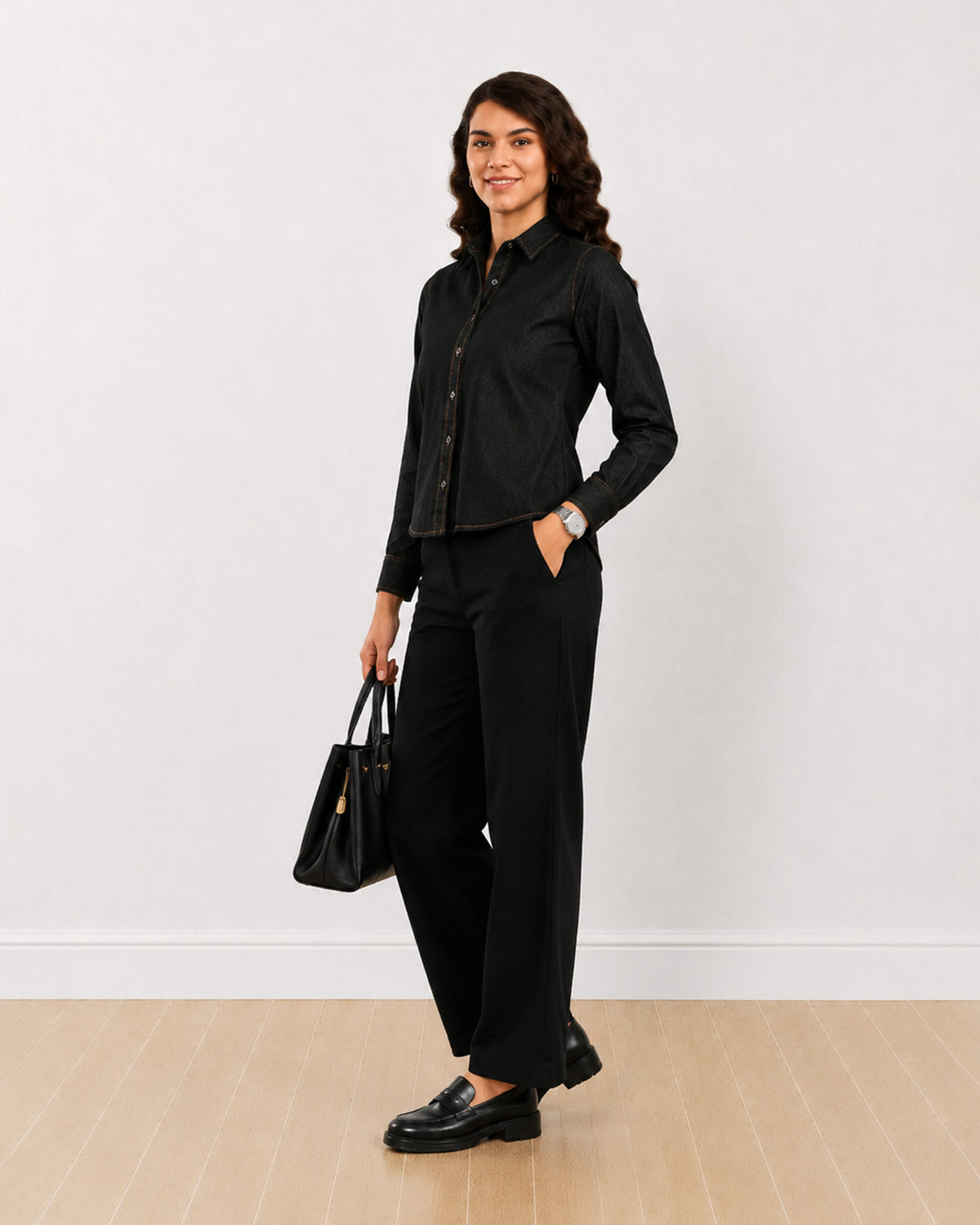 Desire black denim shirt, angled front view with full sleeves and pointed collar