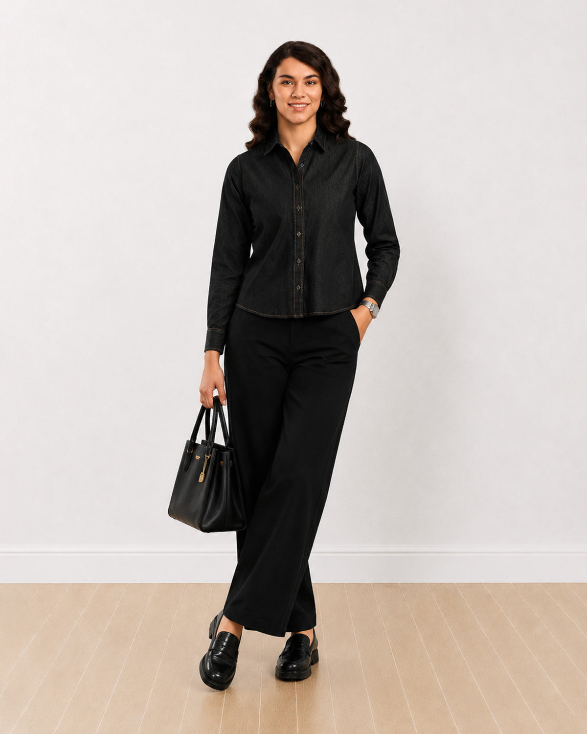 Desire black 100% cotton denim shirt, full length walking front view worn untucked