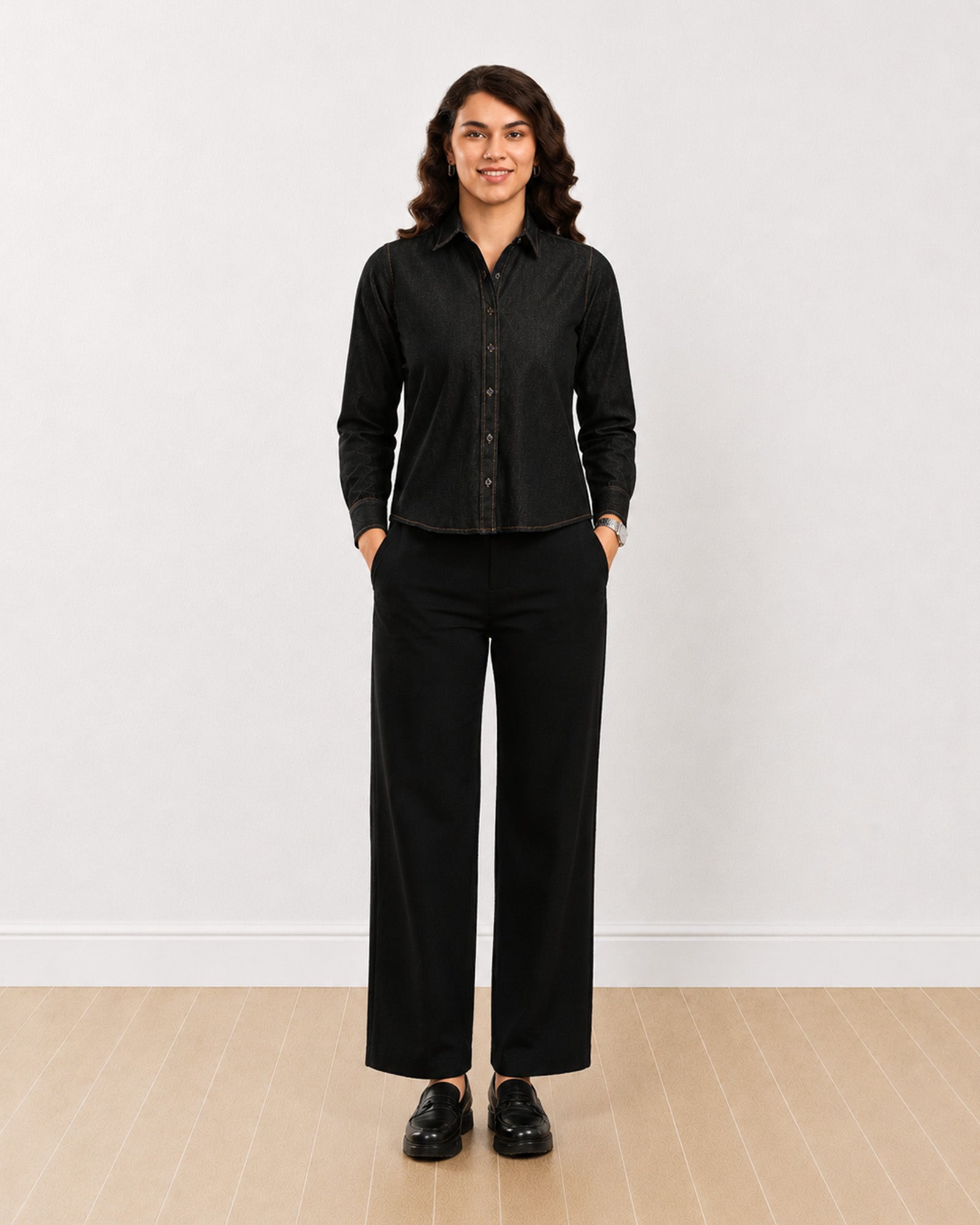 Gazillion Desire black denim shirt for women, full length front view with a long curved hem