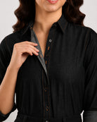 Desire black denim shirt detail, hidden dignity buttons inside the button placket