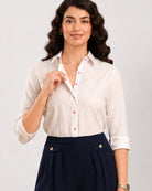 Dew multi-colour splatter print shirt detail, hidden dignity buttons and rolled sleeve
