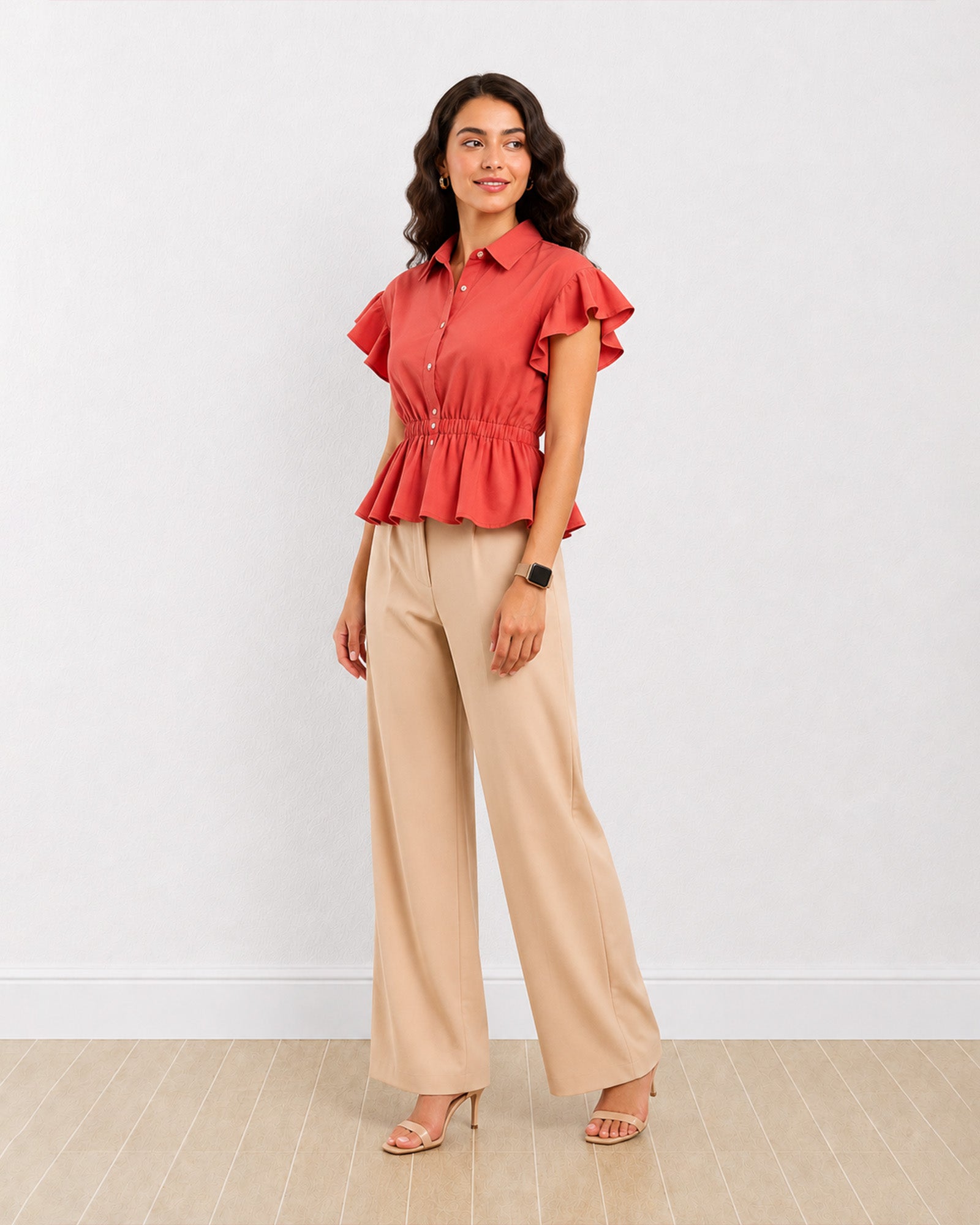 Gazillion Diamond brick red 100% polyester flared sleeves peplum shirt for women, full length front view