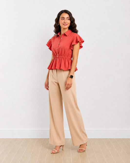 Gazillion Diamond brick red 100% polyester flared sleeves peplum shirt for women, full length front view