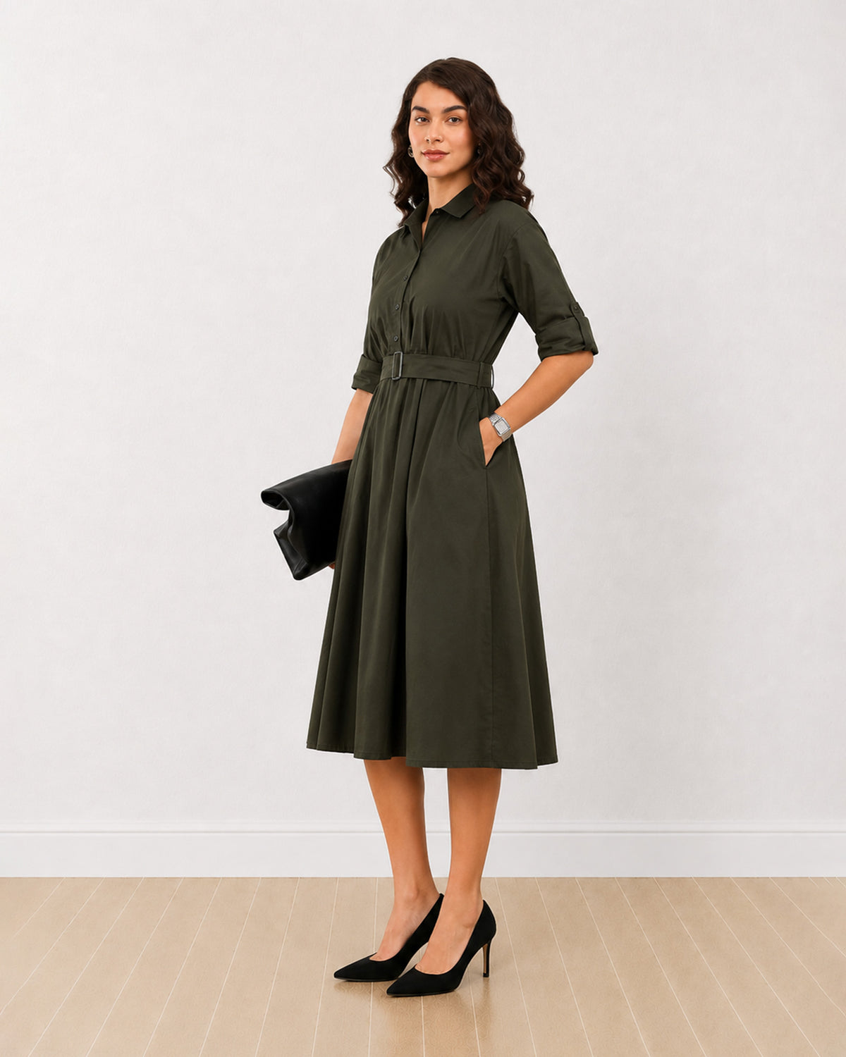 Diana olive green 100% cotton shirt dress, angled front view with sleeves rolled up