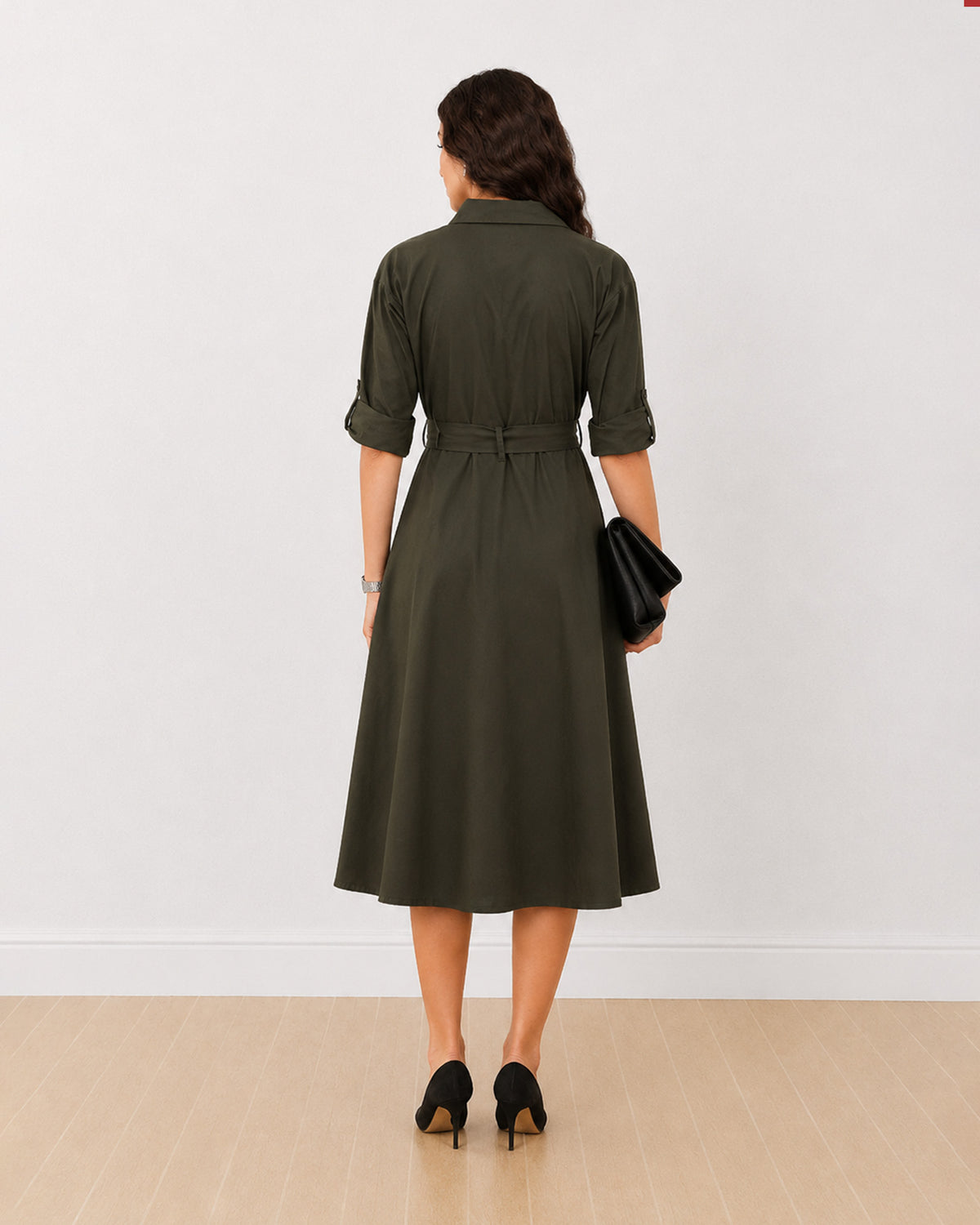 Diana olive green formal midi shirt dress, back view of the mid calf length