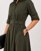 Diana olive green midi shirt dress detail, self belt buckle and side pocket at the waist