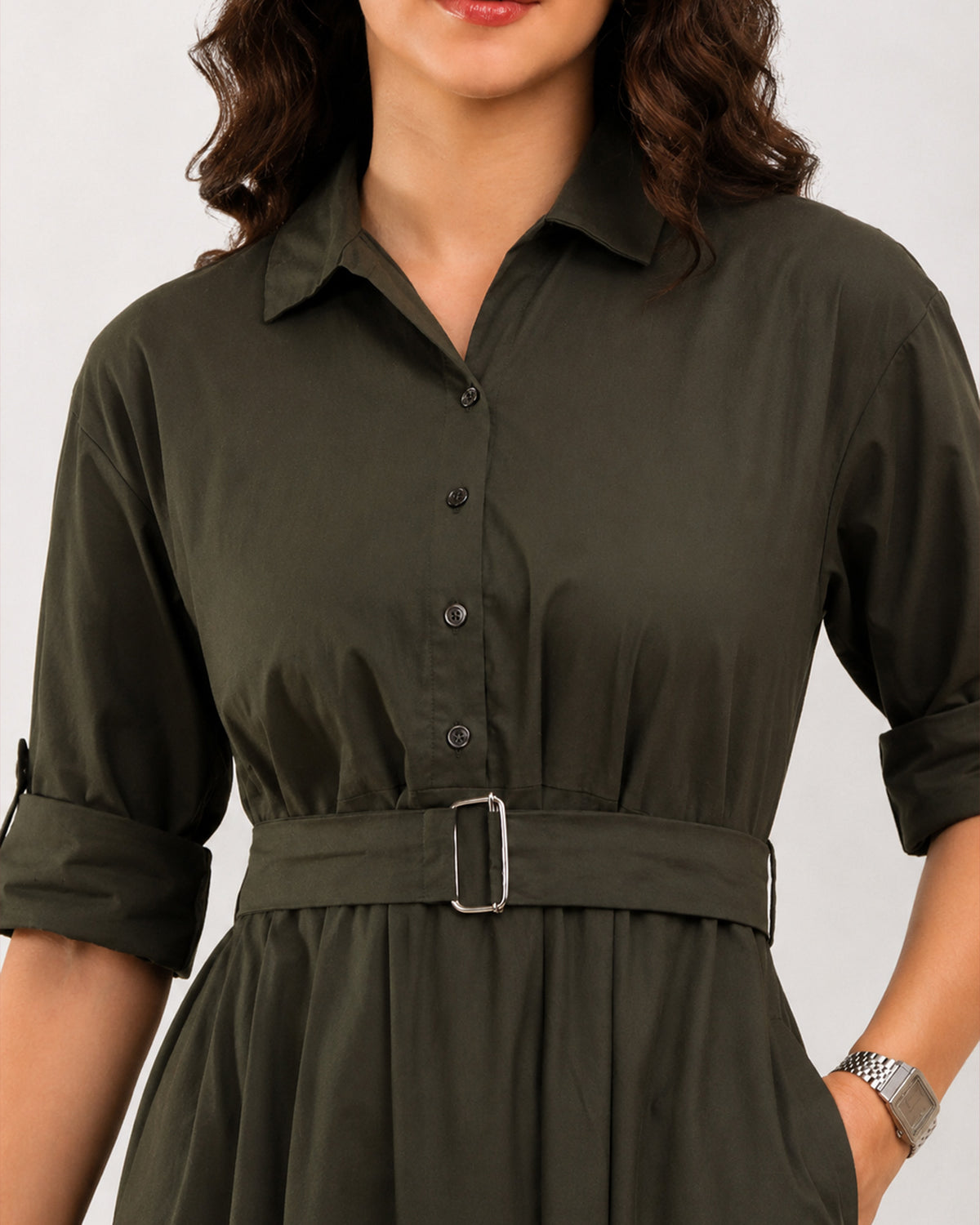 Diana olive green midi shirt dress detail, notch collar and hidden dignity button placket