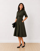 Diana olive green formal midi shirt dress, full length walking front view